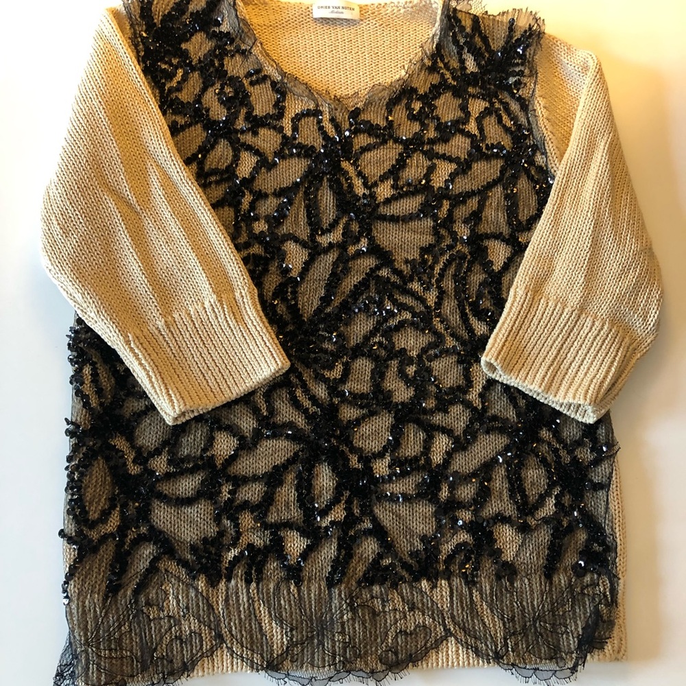 Dries Van Noten Cotton Swtr w Beads/Sequins/Lace